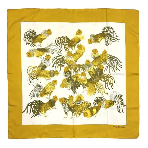 743185O Hermes Scarf Jeune Coqs Carre 90 Multicolor Silk 100% - Picture 1 of 9